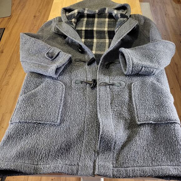 Made In England Wool Blend Gray Felt Hooded Duffle Coat Plaid Lining 26" p2p